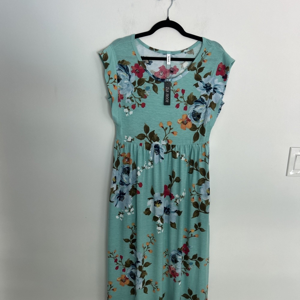 DB Moon NWT Women's L Short Sleeve Light Blue Floral Maxi Peasant Core Dress